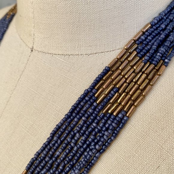Long Multi-strand Necklace with Blue and Gold Beads - Picture 4 of 5